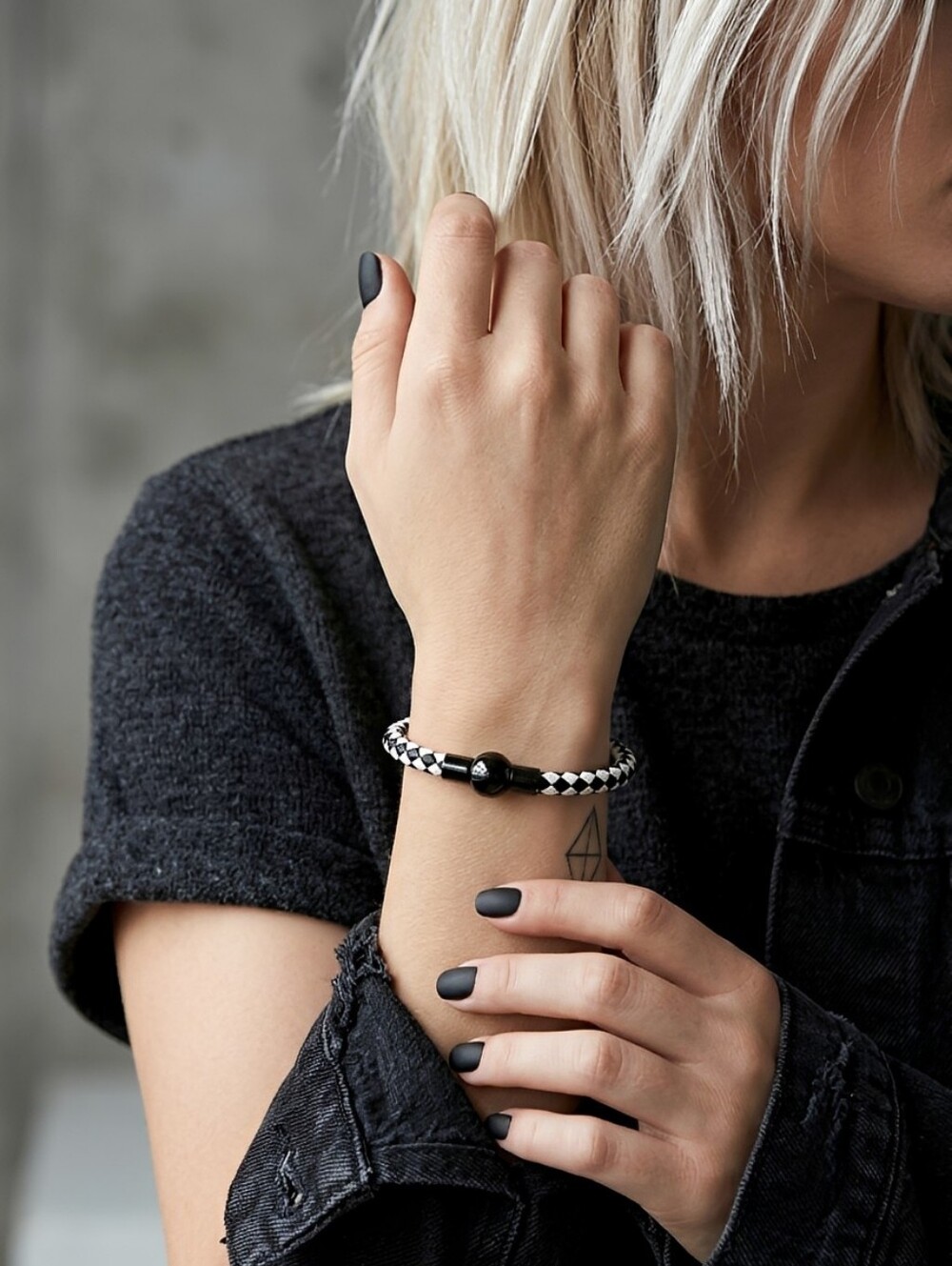 Linx Black/White Leather Braided Cord Bracelet with Black Magnetic Clasp